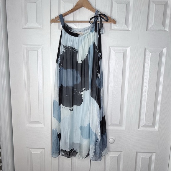Bellambra Dresses & Skirts - BELLAMBRA‎ Silk Blend Dress L Large Blue Black Abstract Watercolor Made in Italy